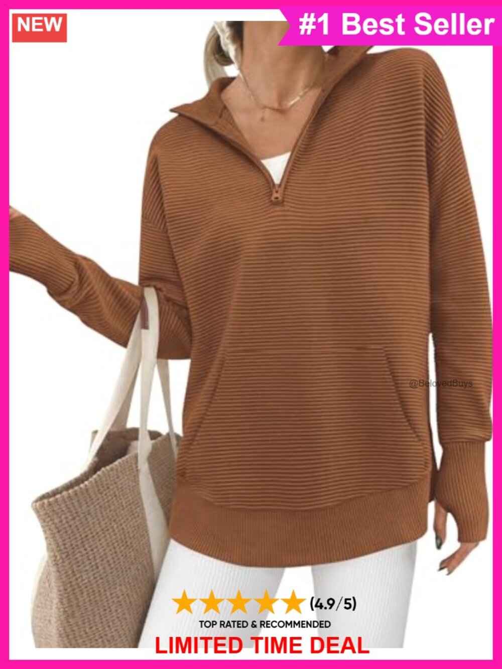 Quarter Zip Sweater Ribbed Knit Pullover with Thumb Hole Kangaroo Pocket